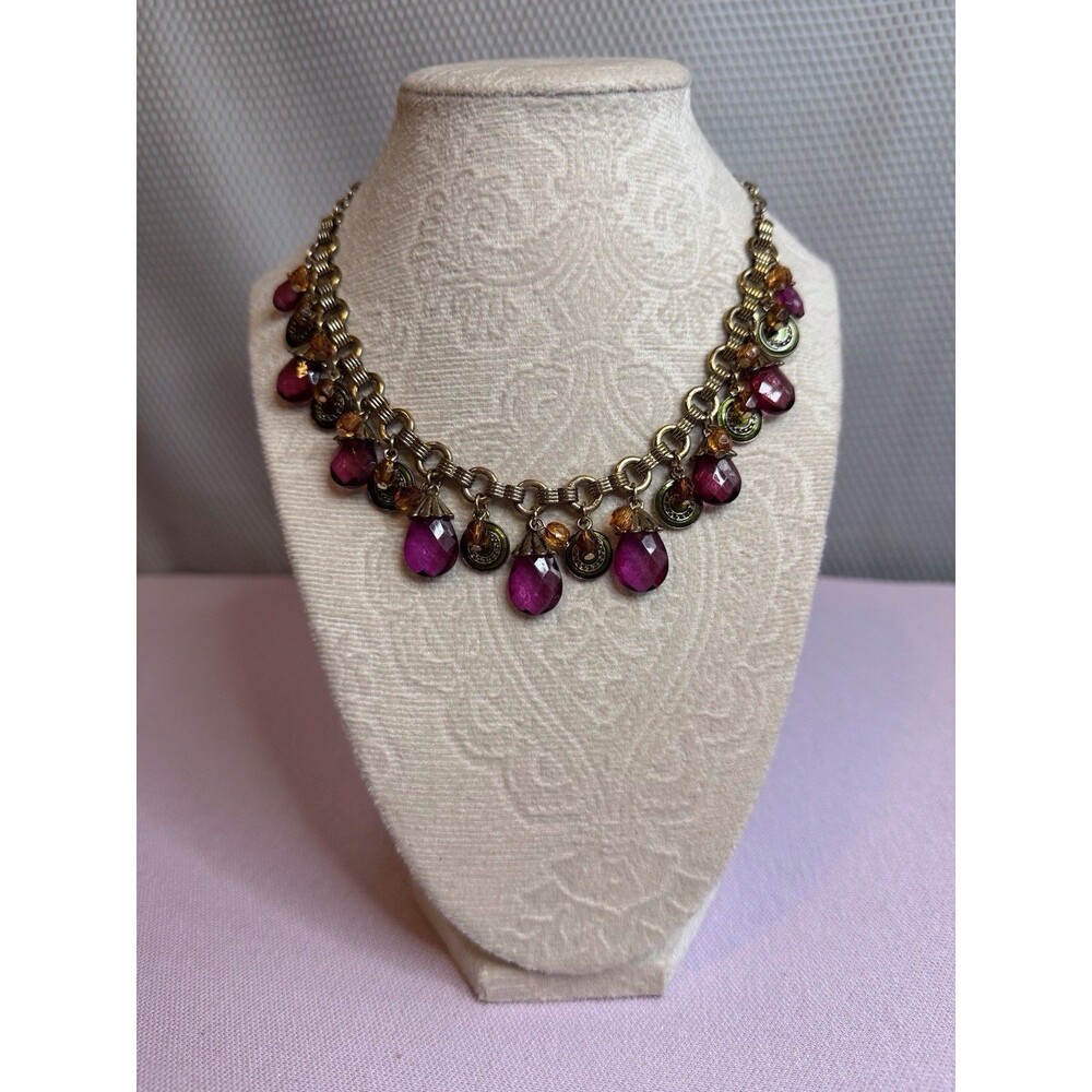 Avon Necklace Purple Glass Teardrop Bib Brass Tone 18 In Women Statement Jewelry